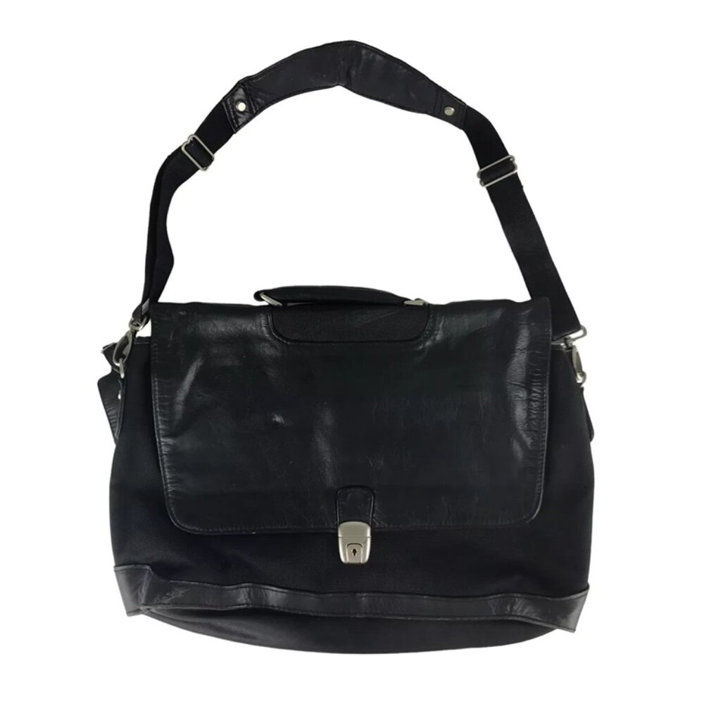 Samsonite Unisex Black Leather Pockets Dividers Detachable Strap Laptop Bag‎